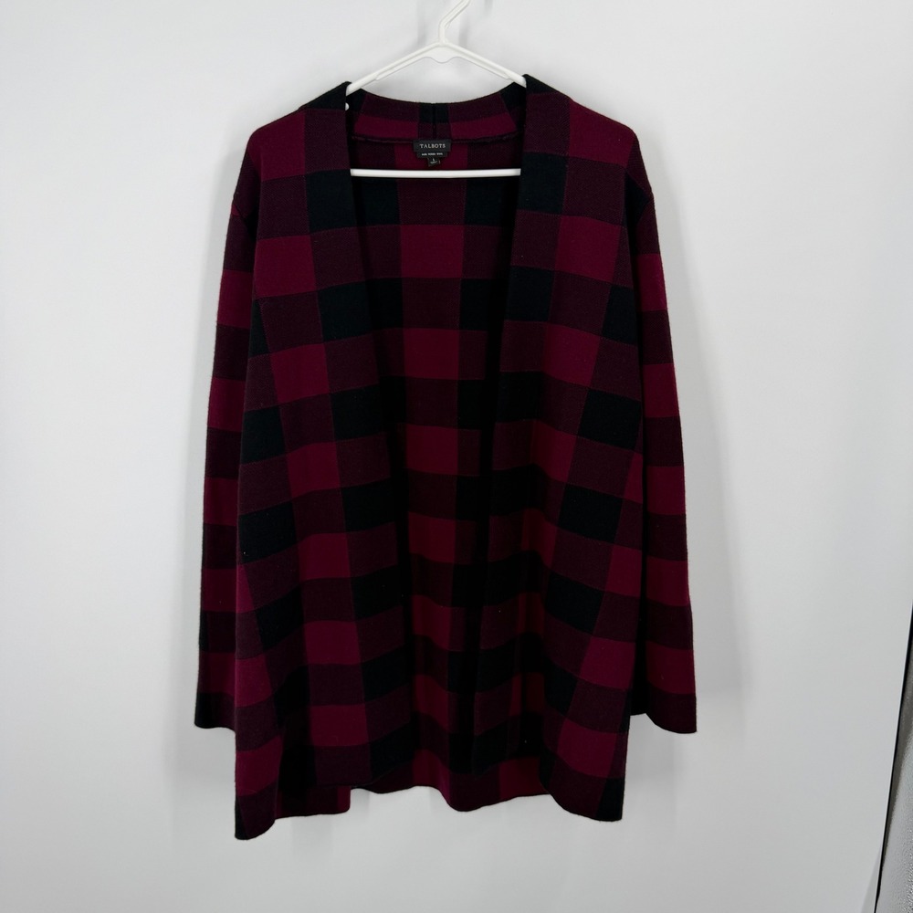 Talbots Cardigan Sweater Womens Large Burgundy Black Buffalo Plaid Merino Wool